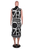 Blue Casual Print Patchwork Asymmetrical Turndown Collar Sleeveless Dresses