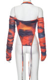 Red Street Print Hollowed Out Patchwork Zipper Halter Tops