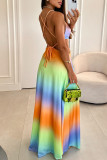 Colour Elegant Gradient Bandage Hollowed Out Patchwork Backless Spaghetti Strap Sling Dresses