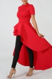 Red Casual Solid Asymmetrical O Neck Short Sleeve Short Sleeve Dress