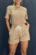 Khaki Casual Print Patchwork Draw String Pocket O Neck Short Sleeve Two Pieces