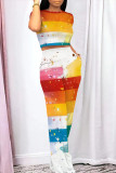 Colour Casual Street Gradient Print Pocket Contrast O Neck Short Sleeve Two Pieces