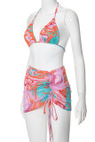 Pink Street Print Patchwork See-through Fold O Neck Sleeveless Three Pieces