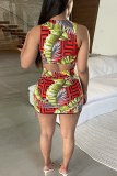 Red Sexy Print Hollowed Out Frenulum O Neck Sleeveless Two Pieces