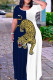 Deep Blue Casual Print Figure Patchwork O Neck Printed Dresses