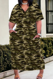 Blue Casual Camouflage Print Patchwork V Neck Straight Plus Size Dresses