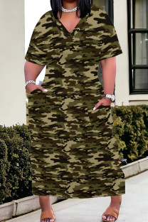 Green Casual Camouflage Print Patchwork V Neck Straight Plus Size Dresses