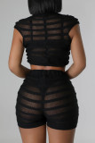White Sweet Solid Patchwork See-through O Neck Short Sleeve Two Pieces