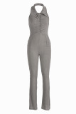 Beige Sexy Casual Solid Backless Halter Skinny Jumpsuits