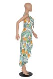 Green Sexy Print Hollowed Out Patchwork V Neck Long Dresses