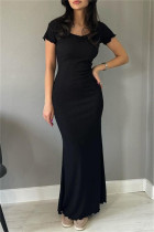 Black Casual Solid Basic V Neck Long Dresses