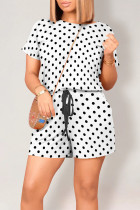 White Casual Print Polka Dot Draw String Contrast O Neck Loose Rompers