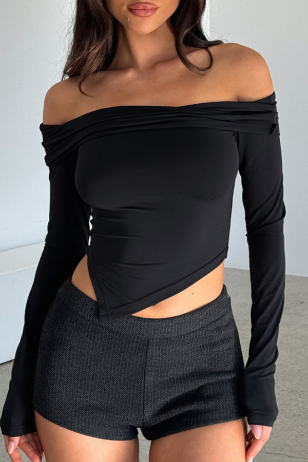 Black Street Solid Patchwork Fold Off the Shoulder Tops