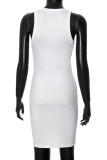 White Sexy Street Print Patchwork Contrast U Neck Wrapped Skirt Dresses