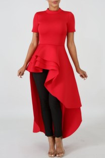 Red Casual Solid Asymmetrical O Neck Short Sleeve Short Sleeve Dress