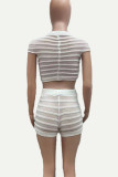 White Sweet Solid Patchwork See-through O Neck Short Sleeve Two Pieces
