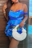 Blue Sexy Print Backless Spaghetti Strap Sleeveless Dresses