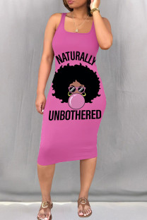 Pink Black Casual Print Patchwork Square Collar Wrapped Skirt Dresses