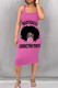 Pink Black Casual Print Patchwork Square Collar Wrapped Skirt Dresses