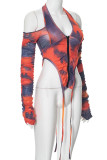 Red Street Print Hollowed Out Patchwork Zipper Halter Tops