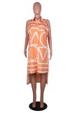 Blue Casual Print Patchwork Asymmetrical Turndown Collar Sleeveless Dresses