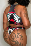 Sky Blue Casual Print Patchwork Swimwears