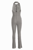 Beige Sexy Casual Solid Backless Halter Skinny Jumpsuits