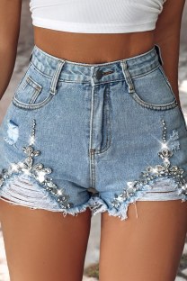 Light Blue Casual Patchwork Hot Drilling Ripped High Waist Skinny Denim Shorts