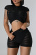 Black Sweet Solid Patchwork See-through O Neck Short Sleeve Two Pieces