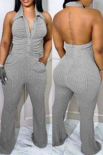 Light Gray Sexy Casual Solid Backless Halter Skinny Jumpsuits