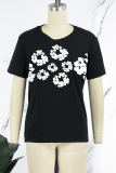 Black Casual Print Flowers O Neck T-Shirts