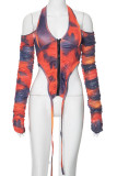 Red Street Print Hollowed Out Patchwork Zipper Halter Tops
