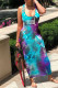 Blue Purple Street Letter Tie Dye Patchwork U Neck Long Dresses