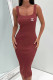 Brown Red Sexy Simplicity Letter Print Backless Square Collar Wrapped Skirt Dresses