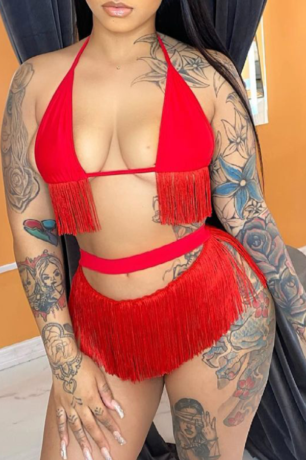 Red Sexy Solid Tassel Hollowed Out Swimwears