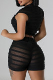 White Sweet Solid Patchwork See-through O Neck Short Sleeve Two Pieces