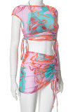 Pink Street Print Patchwork See-through Fold O Neck Sleeveless Three Pieces