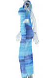 Sky Blue Sexy Print Frenulum Backless Slit Spaghetti Strap Sleeveless Two Pieces
