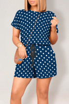 Blue Casual Print Polka Dot Draw String Contrast O Neck Loose Rompers