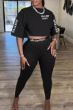 Black Casual Print Patchwork O Neck Short Sleeve Two Pieces