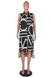 Blue Casual Print Patchwork Asymmetrical Turndown Collar Sleeveless Dresses