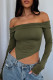 Army Green Street Solid Patchwork Fold Off the Shoulder Tops