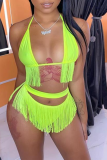 Fluorescent Green Sexy Solid Tassel Hollowed Out Swimwears