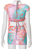 Pink Street Print Patchwork See-through Fold O Neck Sleeveless Three Pieces