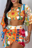 Orange Elegant Print Patchwork Fold O Neck Half Sleeve Two Pieces