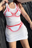 White Sexy Street Print Patchwork Contrast U Neck Wrapped Skirt Dresses