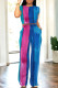Rose Red Blue Casual Street Gradient Print Pocket Contrast O Neck Short Sleeve Two Pieces
