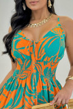 Orange Elegant Print Patchwork Backless Fold Spaghetti Strap Sling Dresses