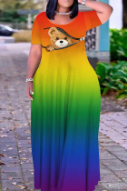 Gradient Color Casual Camouflage Print Animal Patchwork O Neck Printed Dresses