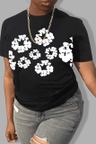 Black Casual Print Flowers O Neck T-Shirts
